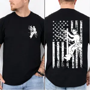 Lineman 2-Sided T-Shirt, Sweatshirt, Hoodie American Flag Electrician Tee, Utility Worker Shirt, Blue Collar Workwear Gift For Men For Husband