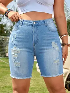 Women's Plus Size Denim Shorts, Light Wash Blue Ripped Design, Elastic Comfortable Fabric, Summer Fashion, Casual Trendy Jeans, Zipper Fly