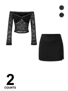 Lace Hollow Out Long Sleeve Sleepwear Set, Comfortable and Fashionable Women's Pajamas, Perfect for Home Relaxation and Night Wear