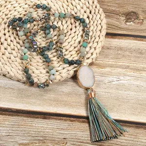 Boho-Chic 8mm Natural Stone Knot Necklace with Oval Crystal & Multicolor Tassel - Perfect for Spring/Summer Vacations, Women's Fashion Accessory
