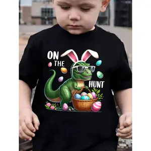Easter: Summer Boys' Fashion Short-Sleeve T-Shirt ON THE HUNT with Bunny Ear Glasses And a Little Dinosaur Holding Easter Eggs, Featuring a Cartoon Design for Outdoor Casual Wear