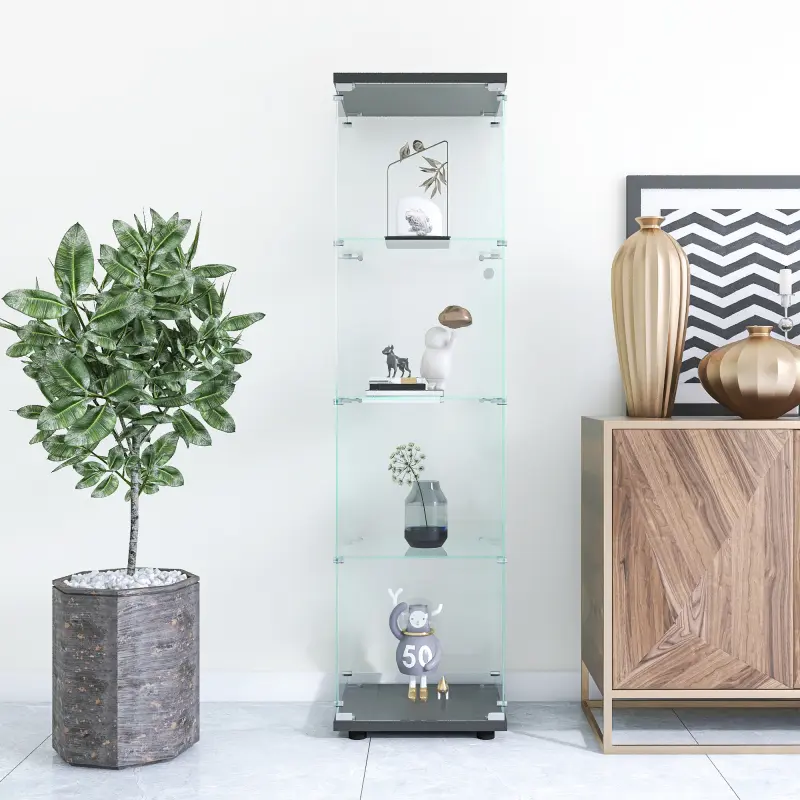 Sturdy Rectangular Tempered Glass Display Cabinet - Easy to Open and Close Door, 4 Adjustable Shelves, Bumper Strips, 20 lbs Max Capacity Floor-Standing Curio, 64.7" Height, 16.7"x14.3", Black, 74.96 lbs Max Load for Living Room, Curio Cabinet, Sturdy And