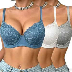 3pcs Women's Fashion Lace Trim Push-Up Bras,Unpadded,Womenswear Everyday, Romantic Style, Suitable for Various Occasions，SoftFabric,Elegant HighSupport Push-Up Design Contrast Lace Trim-Comfortable Non-Removable Padding, Stylish Lingerie, V-Neck，Feminine