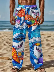 Blue-bottomed vacation shark print casual beach pants, men's loose vacation style Trouser