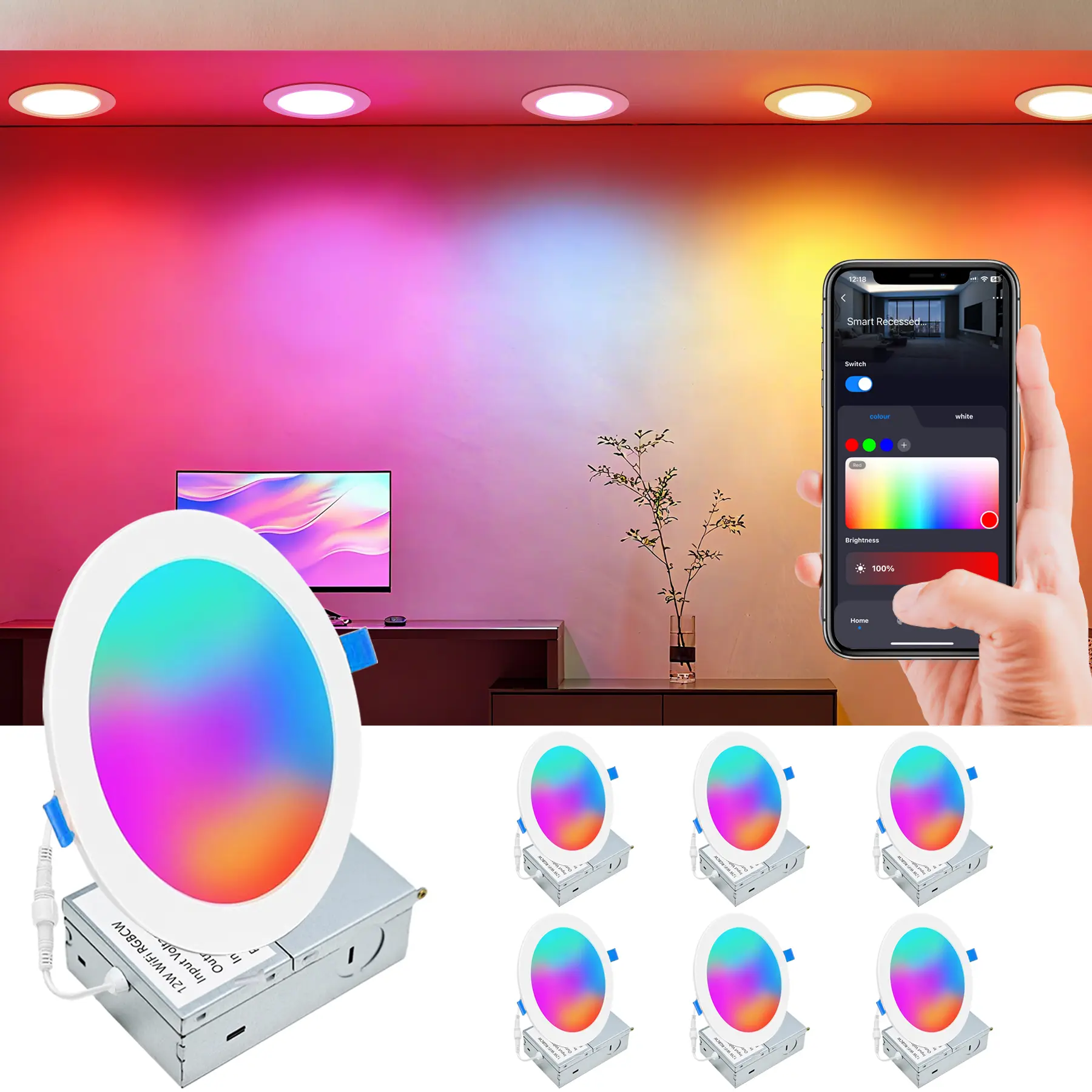 Smart Recessed Lighting 6 Inch RGBCW Color Changing 13W 110-130V,LED Downlight with Junction Box,1320 Lumen Recessed Ceiling Light,Dimmable by Bluetooth Control -6,12Pack