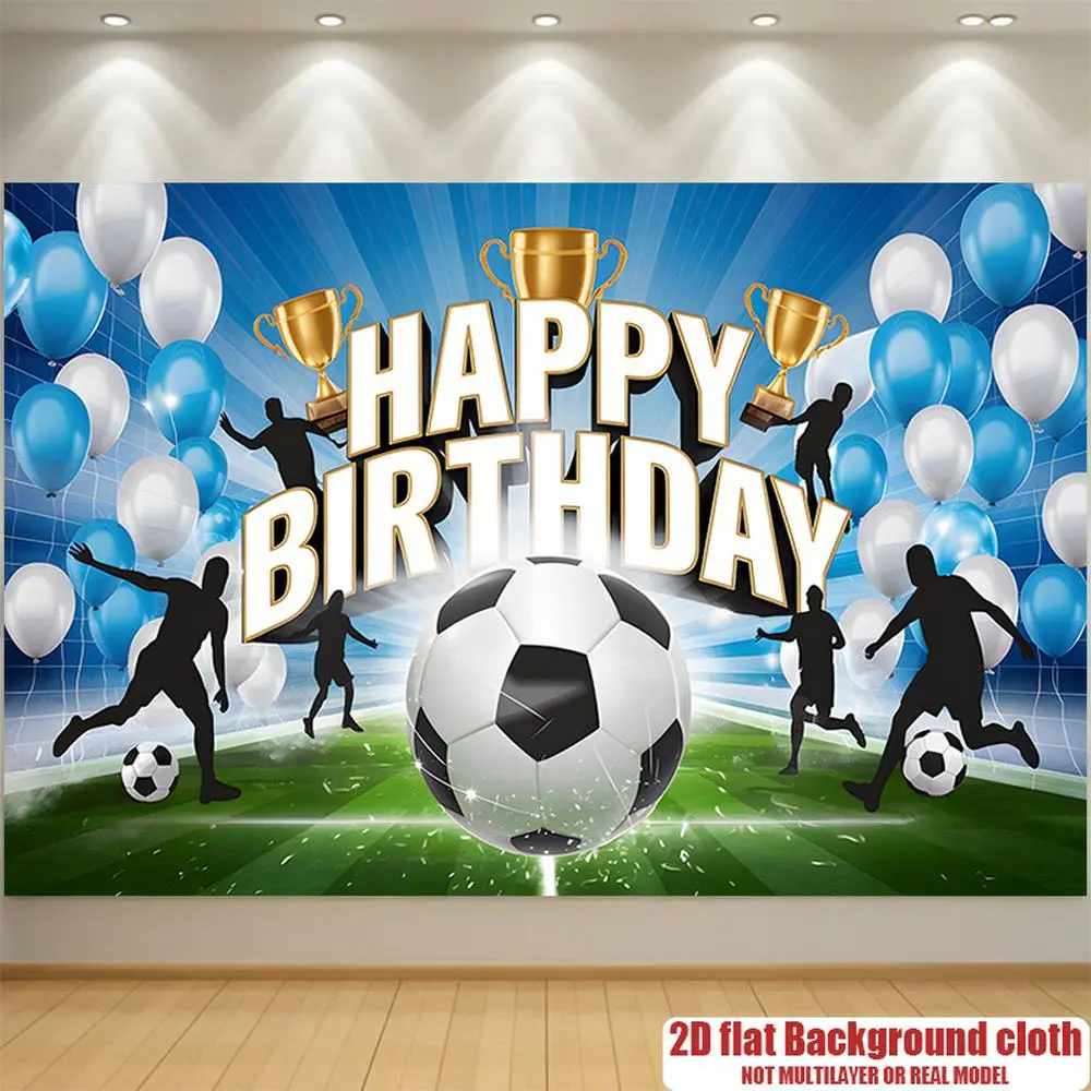 1PC Polyester Reusable 2D Flat Football Theme Happy Birthday Door Banner - Boys' Soccer Party Decoration Curtain with Blue, White Balloons, Trophy, Soccer Players Backdrop for Kids' Birthday Photos, Scene Layout