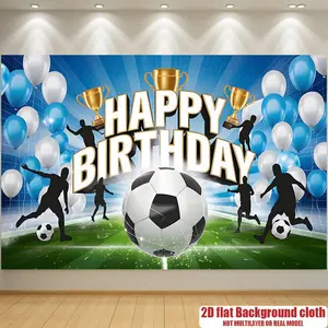 1PC,2D Flat Football Theme Happy Birthday Door Banner, Boys' Soccer Birthday Decor Curtain, Blue White Balloons Trophy Soccer Players Backdrop, Kids Birthday Party Decor Banner, Scene Layout Photo