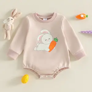 Infant Baby Boy Girl Easter Sweatshirt Romper Bunny Carrot Print Long Sleeve Jumpsuit Spring Clothes 0-18 Months