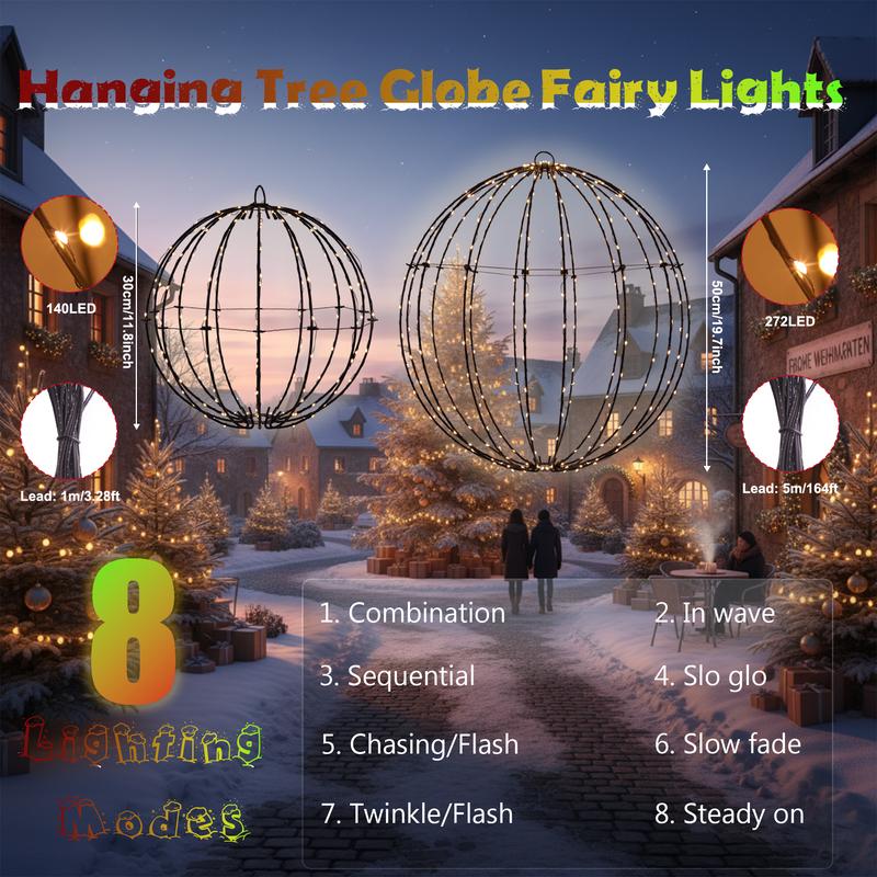 Christmas Hanging Ball Lights Outdoor Metal Sphere Globe Lights with 8 Lighting Modes Timer for Window Patio Garden Tree Holiday Decorations(12 Inch/20 Inch)
