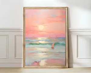 Pink Coast Painting Pastel Beach Poster Pastel Painting Coastal Print Vintage Coastal Print Surf Print