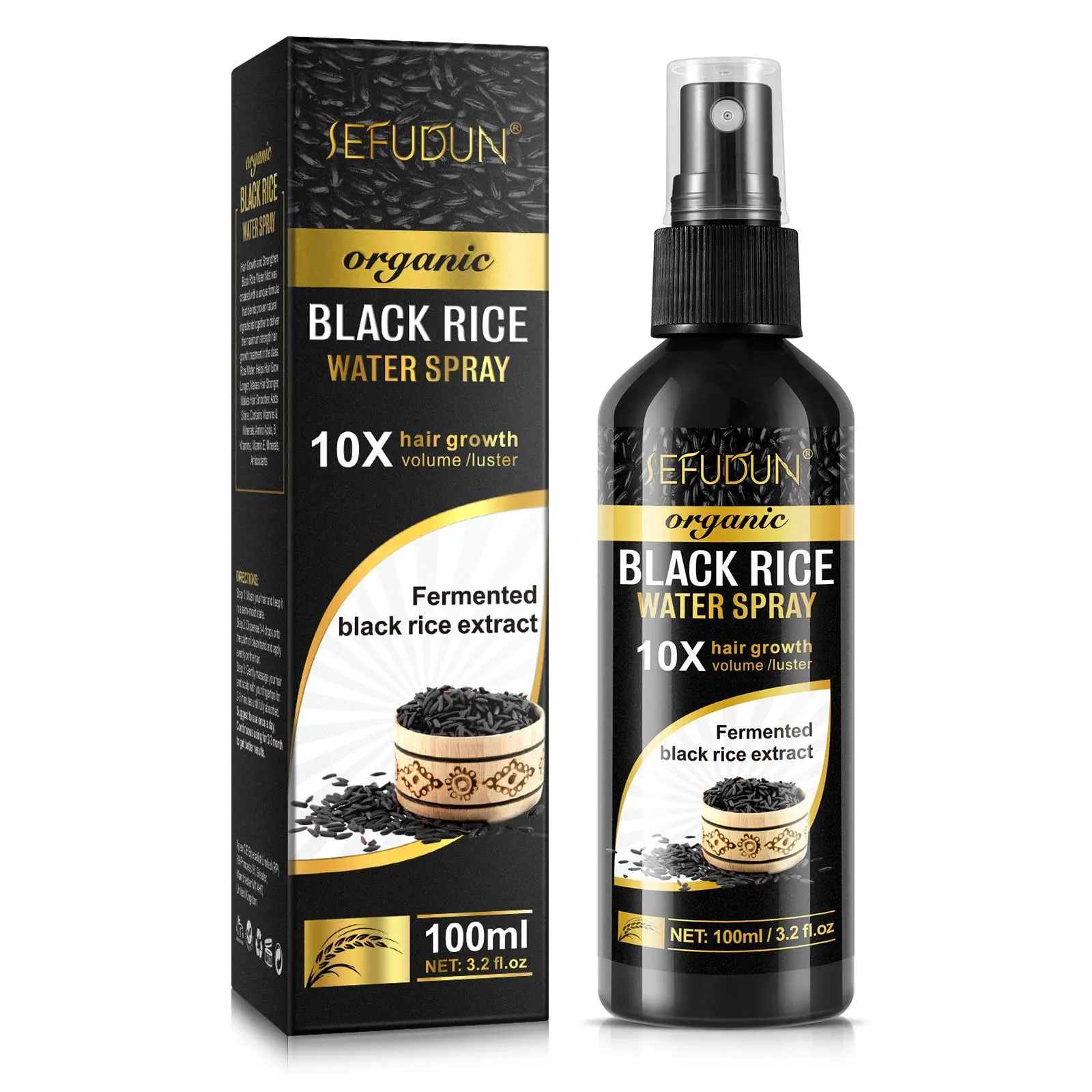 SEFUNUN Organic Black Rice Water Hair Growth Serum Spray for All Hair Types, A Solution with Castor Oil & Ginger Root Extract for Thicker, Fuller Hair. (100ml）