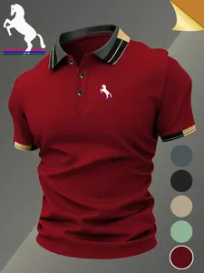 Men's Polo Shirt with Equestrian Logo Print, Fitted Casual Geometric Pattern, Breathable Stretch Fabric, All-Season Comfort, Polo Gift