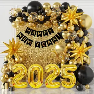 140Pcs New Year Decorations 2025 Balloons Arch - Party Supplies With Black & Gold Balloons, Happy New Year Banner - Perfect For Eve Celebrations