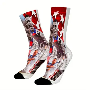 Mid-calf socks featuring Kylian Mbappé's white jersey, football player, championship trophy, durable, unisex, perfect for fans, holiday gifts, and birthday presents.