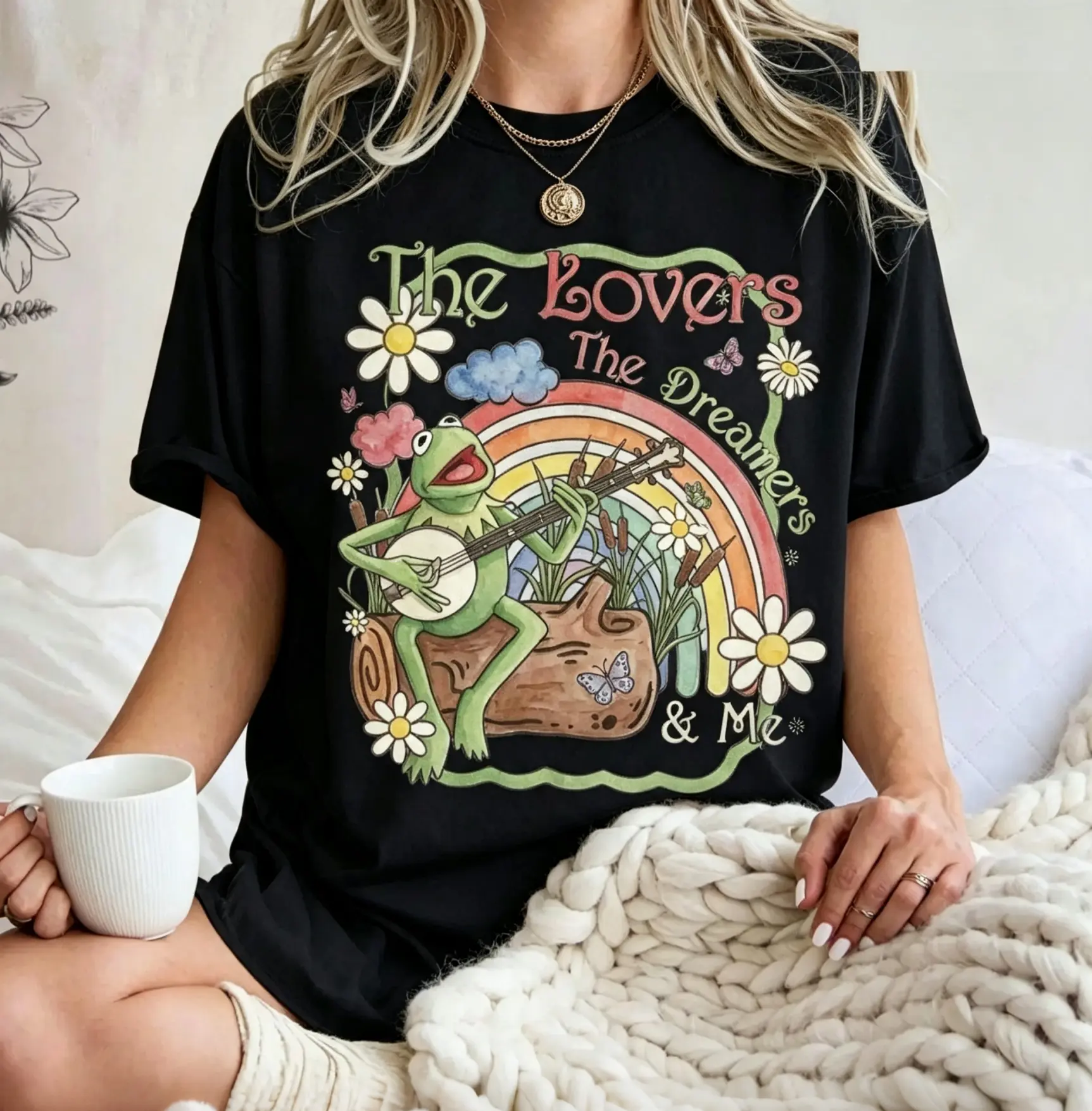 Vintage Watercolor Kermit the Frog Shirt, Muppets Rainbow Tee, "The Lovers The Dreamers and Me", Family Trip Tee 2026 Unisex Womenswear Graphic Tops 546 graphic tee