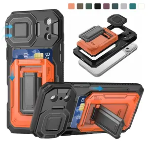 Heavy Duty Rugged Smartphone Case for iPhone 17 Pro Max,16,15,14,13 - Compact Accessories with Semi-Automatic 3-4 Card Slot, RFID Blocking, Kickstand, Camera Lens Cover, Wallet, Handheld Lanyard Compatibility