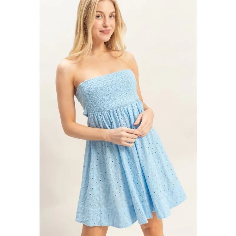 Strapless Eyelet Dress Blue