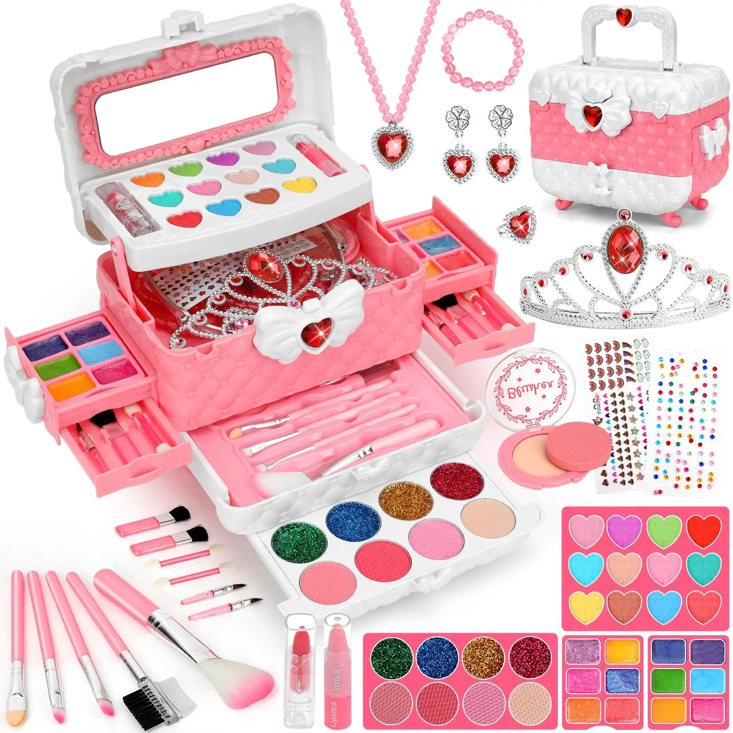 Children's Make-up Set with Drawer Storage Box Portable role-play toy, 56-piece set including powder puff, lipstick, eyeshadow brush, crown, necklace,