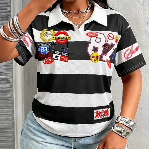 Women's Casual Loose Printed Polo Shirt, Minimalist Romantic Collared Shirt, Striped Print Short Sleeve Top for Summer Vacation, Chic Streetwear