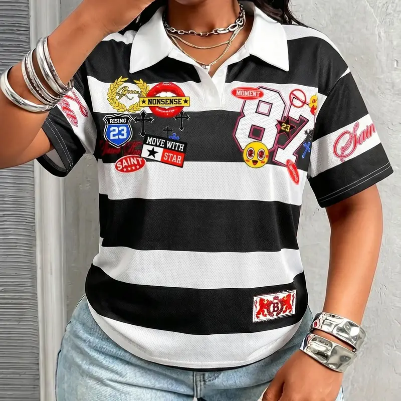 Women's Casual Loose Printed Polo Shirt, Minimalist Romantic Collared Shirt, Striped Print Short Sleeve Top for Summer Vacation, Chic Streetwear