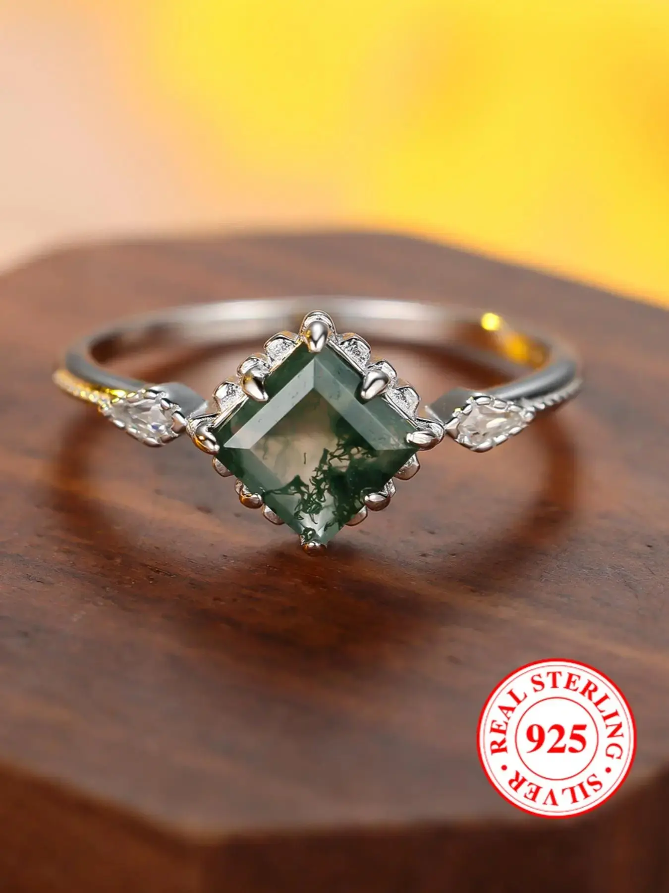 S925 Sterling Silver Artificial Gemstone Sea Grass Decor Ring, Emerald Cut Solitaire Ring, Rings for Women, Beautiful rings, Elegant Everyday Ring, Elegant Casual Ring, Elegant Engagement Ring for Party, Trendy Jewelry for Birthday Gift, with Box As Gift