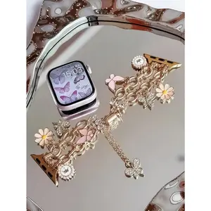 1pc Luxury Rhinestone-Encrusted Daisy & Clover Bowknot Dual Chain Watch Band Strap Compatible With Apple Watch Ultra/SE/S10/9/8/7/6/5/4/3/2/1, 38/40/41/42/44/45/46/49mm Wearable Rose Gold