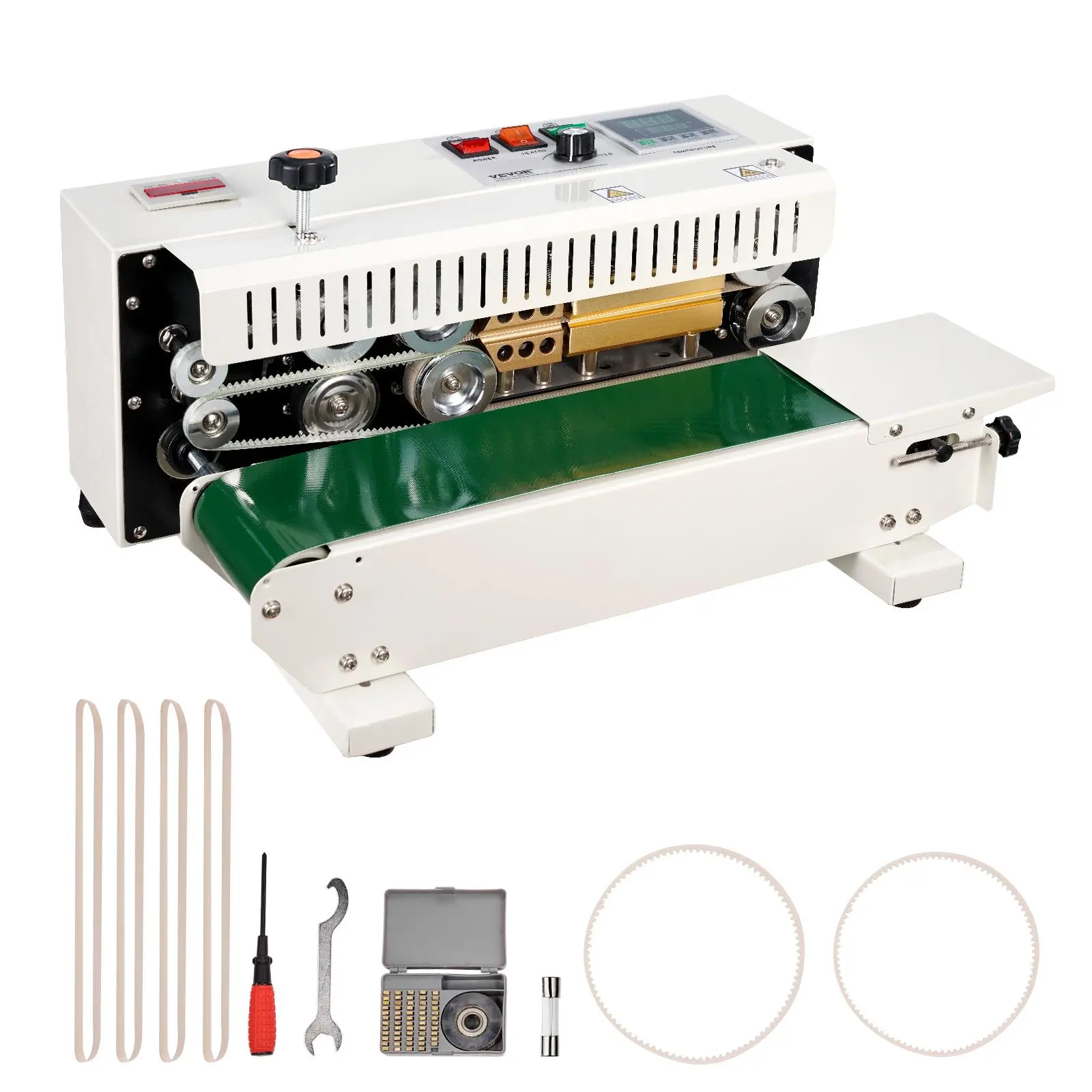 【Fallpicks】VEVOR Automatic Continuous Bag Band Heat Sealer - Carbon Steel Packaging Machine with Automatic Sealing System, 0.24-0.47in Seal Width, Digital Temp. Control, Embossing, Seal + Print, Count Feature for 0.02-0.8mm Plastic Bags