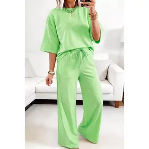 Lace Patchwork Half Sleeve Top Elastic Waist Pants Two Piece Set