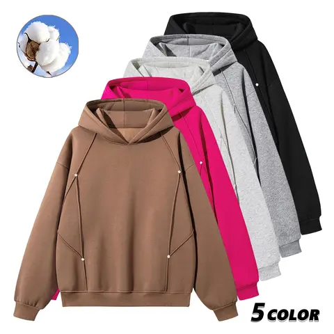 EKF Men's Cotton Oversized Casual Hoodie - Longsleeves Loose Pullover, Stylish Geometric Seams, Simple Plain Beige Menswear Street Fashion Top for Back to School, Pair with Joggers