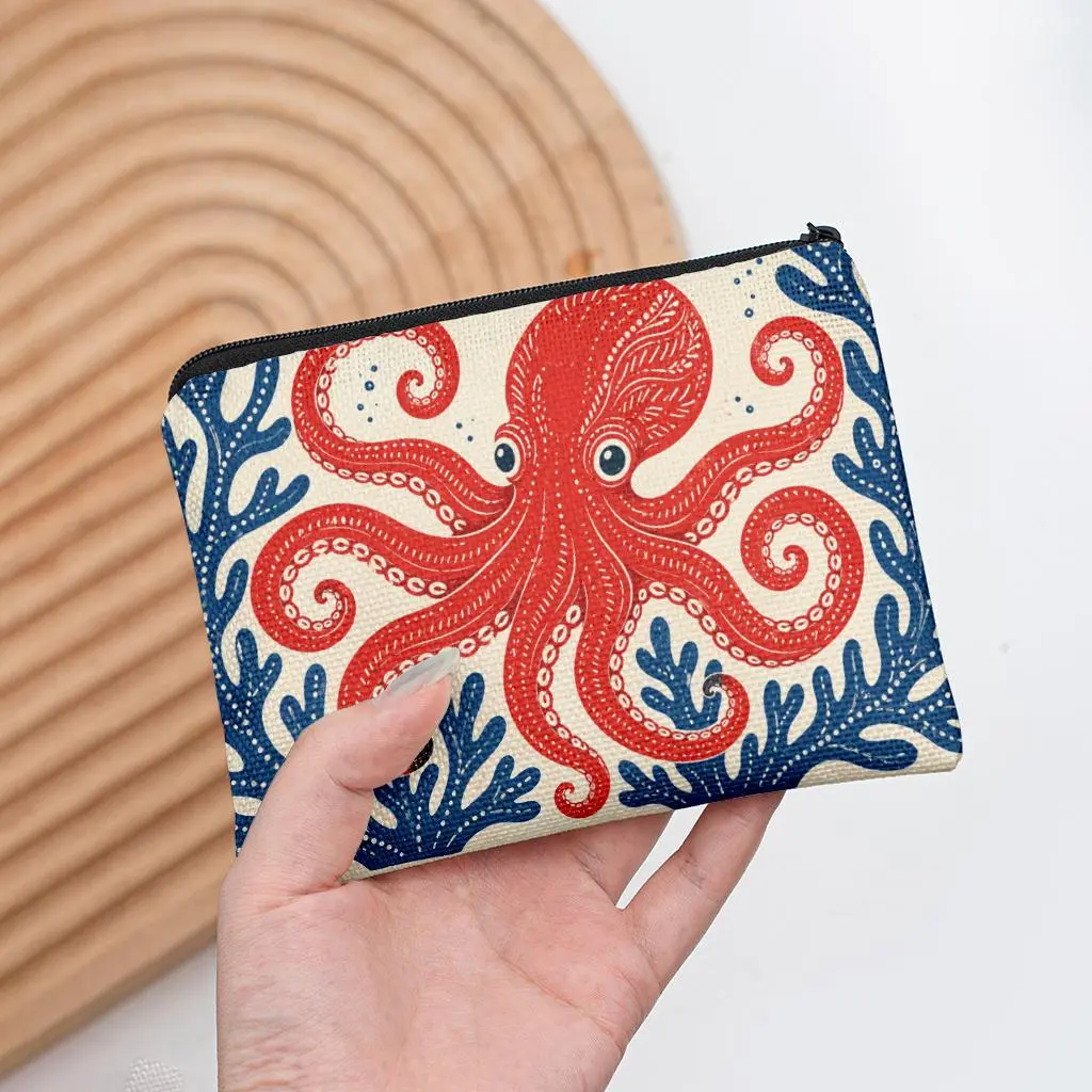 Coin Purse, Octopus And Ocean Plants Double-Sided Printed Coin Purse, Mini Wallet, Coin Pocket, Makeup Bag, Suitable for And, with Zipper Closure, Lightweight, Durable, Hand Washable