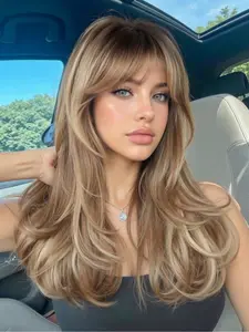 Women's Light Brown Long Wavy Wig with Bangs, 22 Inch Synthetic Wig for Daily Use, Festival Ready
