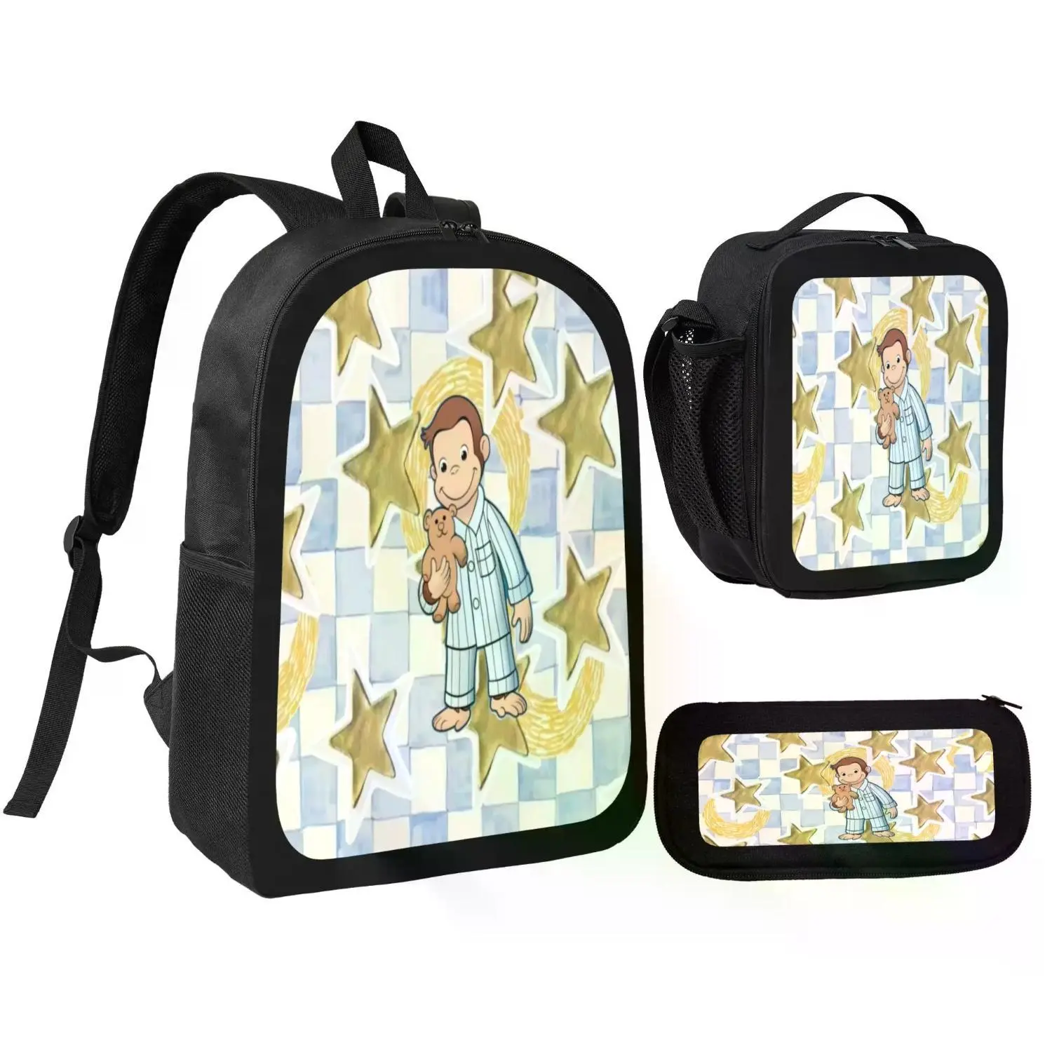 Men's 3-Piece Monkey Theme Polyester Backpack Set, Includes School Bag, Pencil Case & Insulated Lunch Bag, Lightweight for Daily Use & Holiday Travel