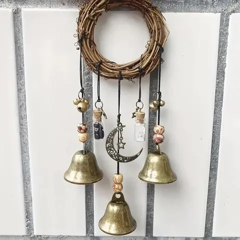 Whimsical Witch Bells Hanging Decor - Wooden Beads, Crystal Quartz Pendant Wind Chime, Witchy Home Decor Items, Room Ornaments for Home Protection Door Knob Gift