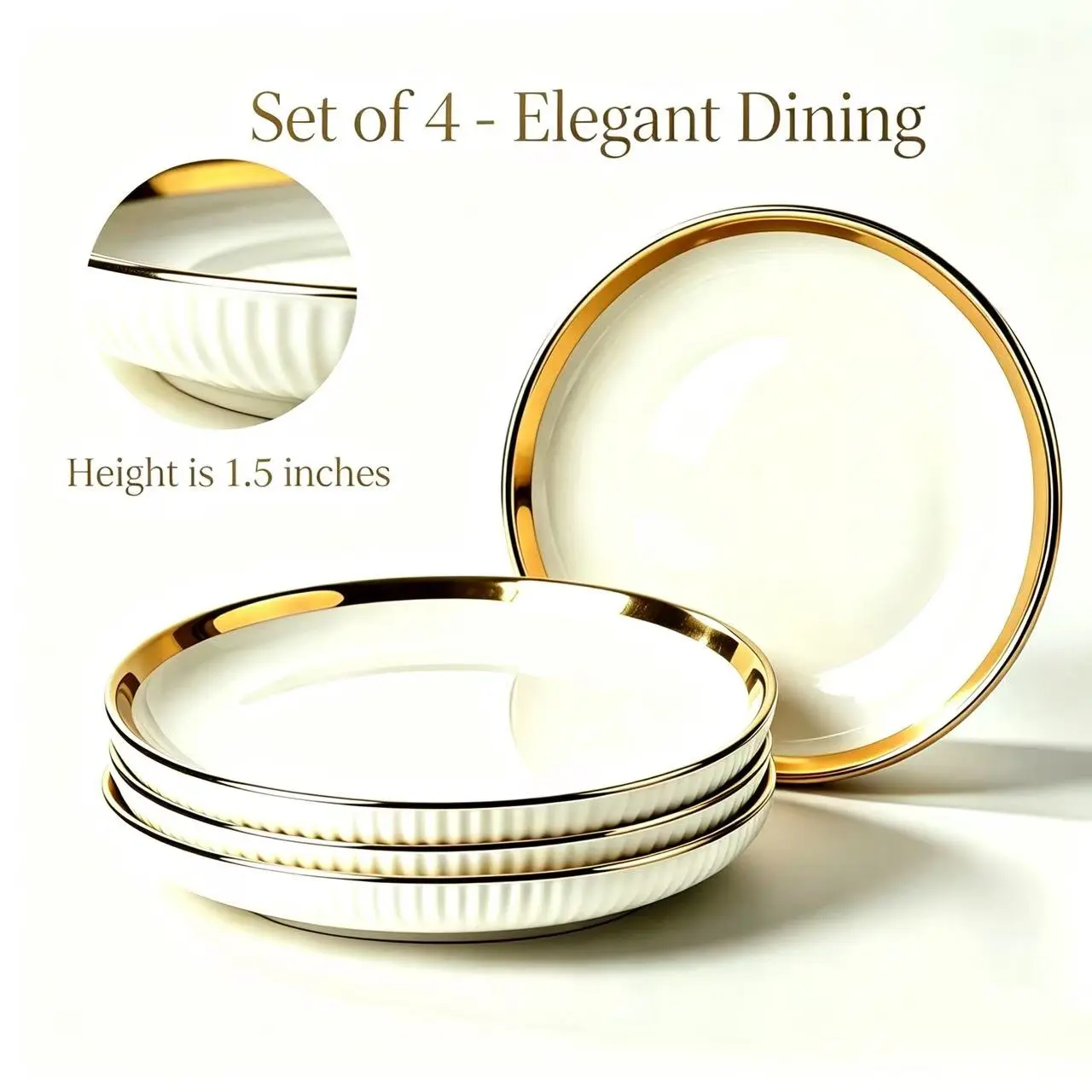 4-pack 9-inch light luxury gold edged vertical patterned ceramic dining plate, milky white relief disc breakfast steak salad plate, home dining hotel plate tableware set Plates