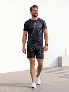 Summer Men's Outdoor Quick-Dry Short Sleeve T-Shirt + Shorts Set, Tech Mech Style, Streetwear Trend, Casual Fitness Running Wear