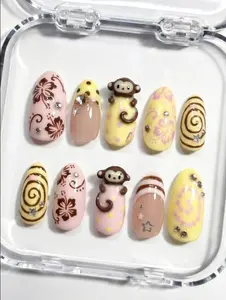 Y2K Tropical Press On Nails 3D Monkey and Pink Hibiscus Flowers, Summer Nail Art
