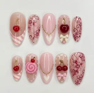 Handmade Cherry Coquette Nails, 3D Red Cherry Accents, Pastel Pink Bows & Beads, Nails For Bold Artistic Vibes