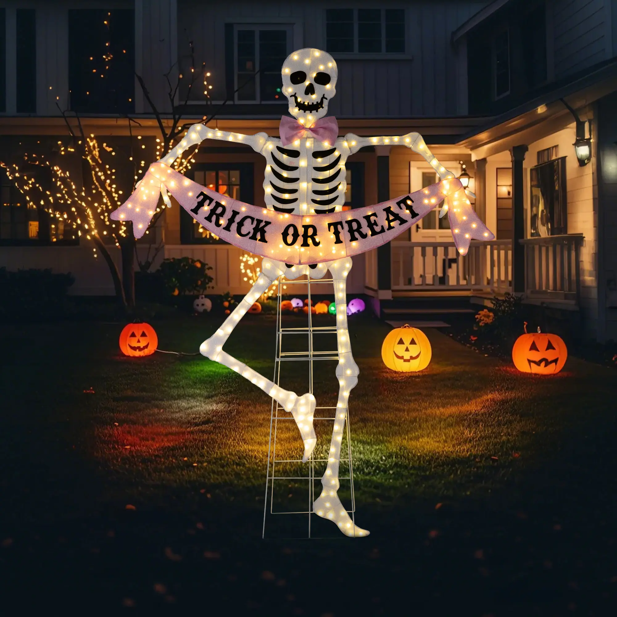 Glitzhome 86.25"H Lighted Halloween 2D Pink Skeleton Outdoor Decor with 220 warm White LED Lights (KD)