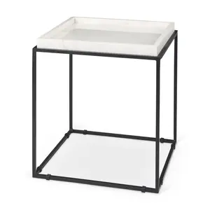 HomeRoots 604462 20 in. White & Black Marble-Metal Square Frame End Table - Marble, Metal-Finish, Minimal, Multi-Function Styles Available, Marble End Tables, Metal-Finish End Tables