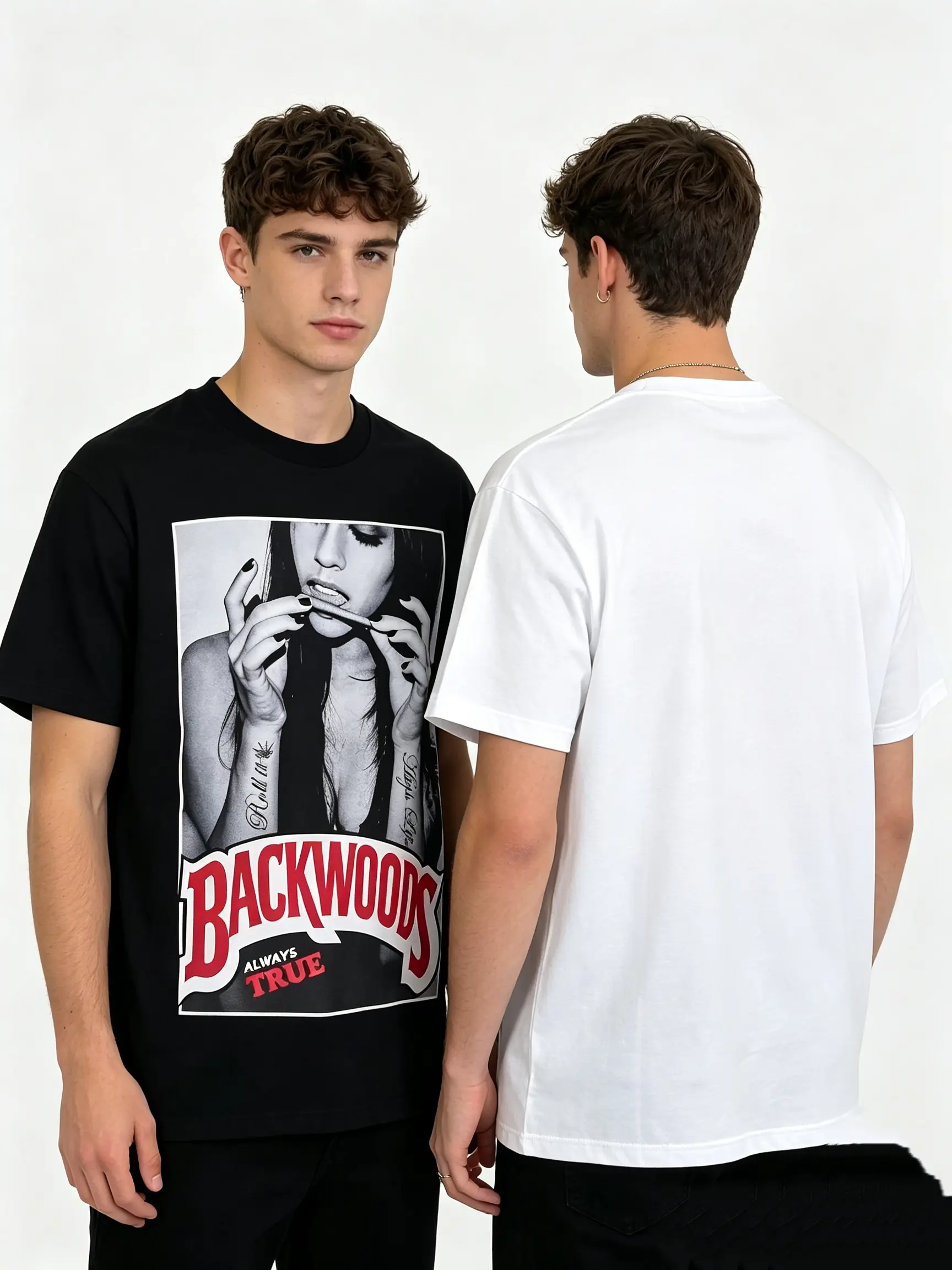Men's Short-Sleeve Sports T-Shirt, Black Oversized Baggy Crew Neck Tee with Cool "Backwoods" Print, Summer Streetwear for Y2K Festival Ska，graphic tee， 100% Pure Cotton ，ter Casual Outfits