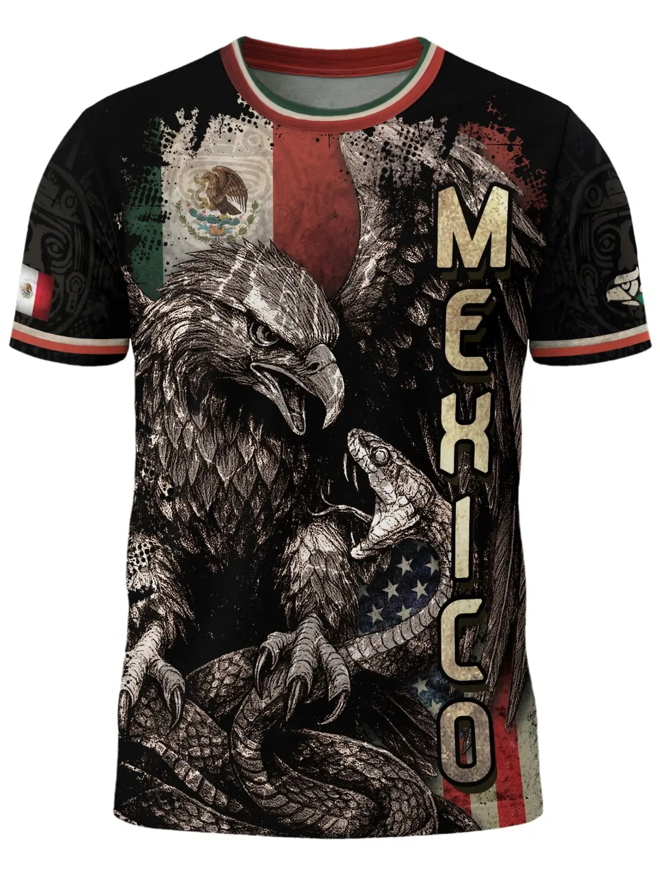 Mexico Usa Flag Eagle Serpent Aztec Cultural Pattern Long Shirt Round Neck, Fitted Casual Wear for All Seasons, Animal Print Tribal Heritage Design