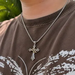 Premium Stainless Steel Crown Cross Necklace Pendant 20in for Men Gift for Him Changeable Chain Waterproof Hypoallergenic Daily Wear