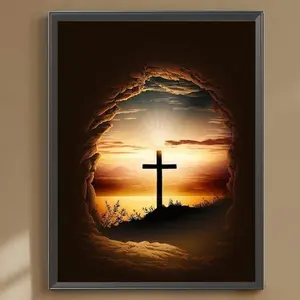 5D Diamond Arts Colorful Painting Kit, Cross & Cave Pattern DIY Diamond Arts Colorful Painting without Frame, Wall Art Decor for Home Living Room Bedroom, Diamond Painting Kits