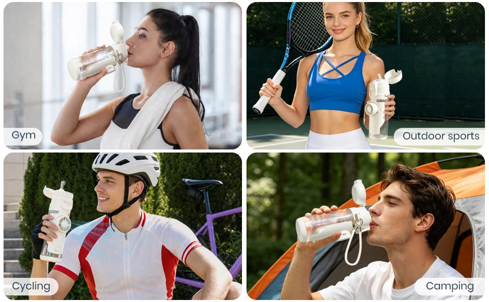 2-in-1 Water Bottle with Built-In Foldable Fan, Portable Dual-Drinking Cooling Water Bottle with Fan 3 Speeds USB, 3 Speeds Adjustable for Outdoors Sports (White)