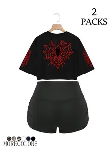 Women's 2-Piece Spider Web Print Crop Top & High-Waisted Shorts Set, Womenswear, Y2K Style, Slim Fit, Elastic Fabric, Perfect for Parties & Music Festivals