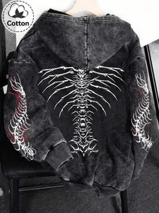 Y2K Retro Wash Full Zip Hoodie with Oversized Angel Wings Graphic Print, Grunge Goth Streetwear Sweatshirt for Men & Women, Cyber Aesthetic Fall Winter Fashion Outfit