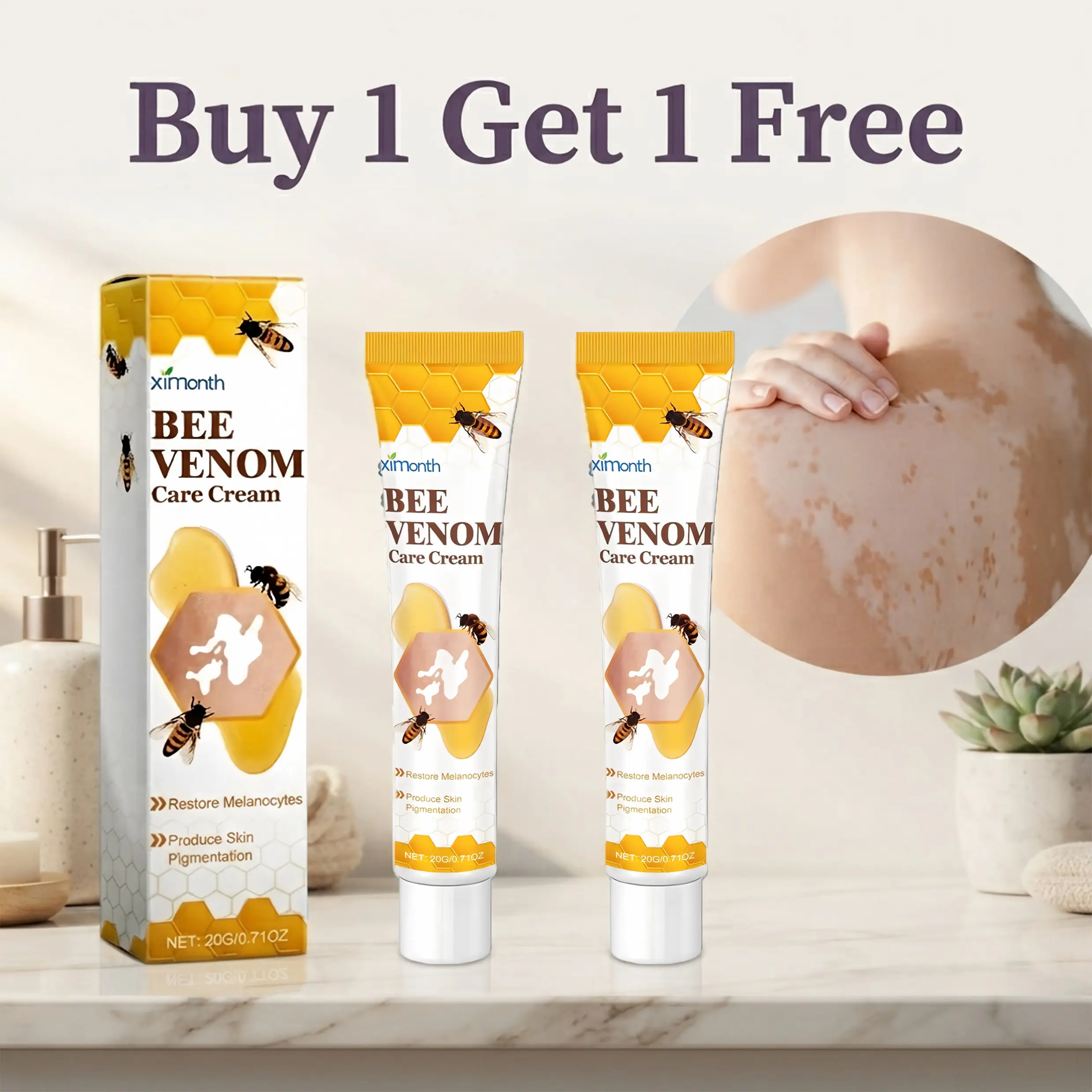 Ximonth 2 Pack Bee Venom Vitiligo Care Cream 0.71 OZ (20g) (Buy 1 Get 1 Free), Vitamin C Herbal Topical Repair Ointment, Restore Melanocytes to Improve White Skin Patches & Uneven Pigmentation for Adult Full Body Skin Care