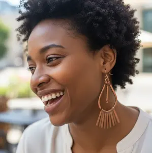 Pure Copper Statement Earrings with Elegant Teardrop Design and Tassel Accents for Women
