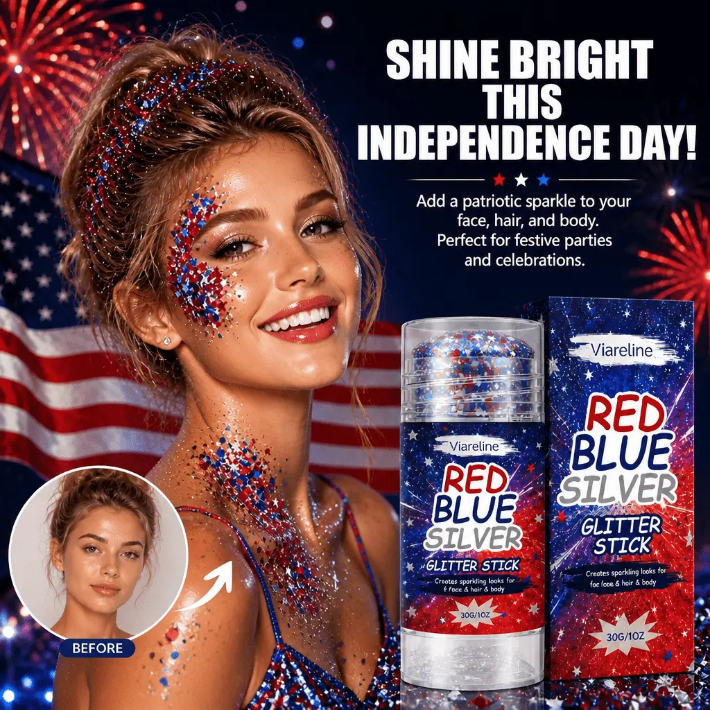 Glitter Stick 3-Piece Cosmetic Set Pack - Waterproof, Long-Lasting Sparkle for Face, Body & Hair - Red, Blue & Silver for Festivals & Party Events