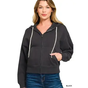 Zenana Fleece Cropped Zip-up Hoodie with Pockets